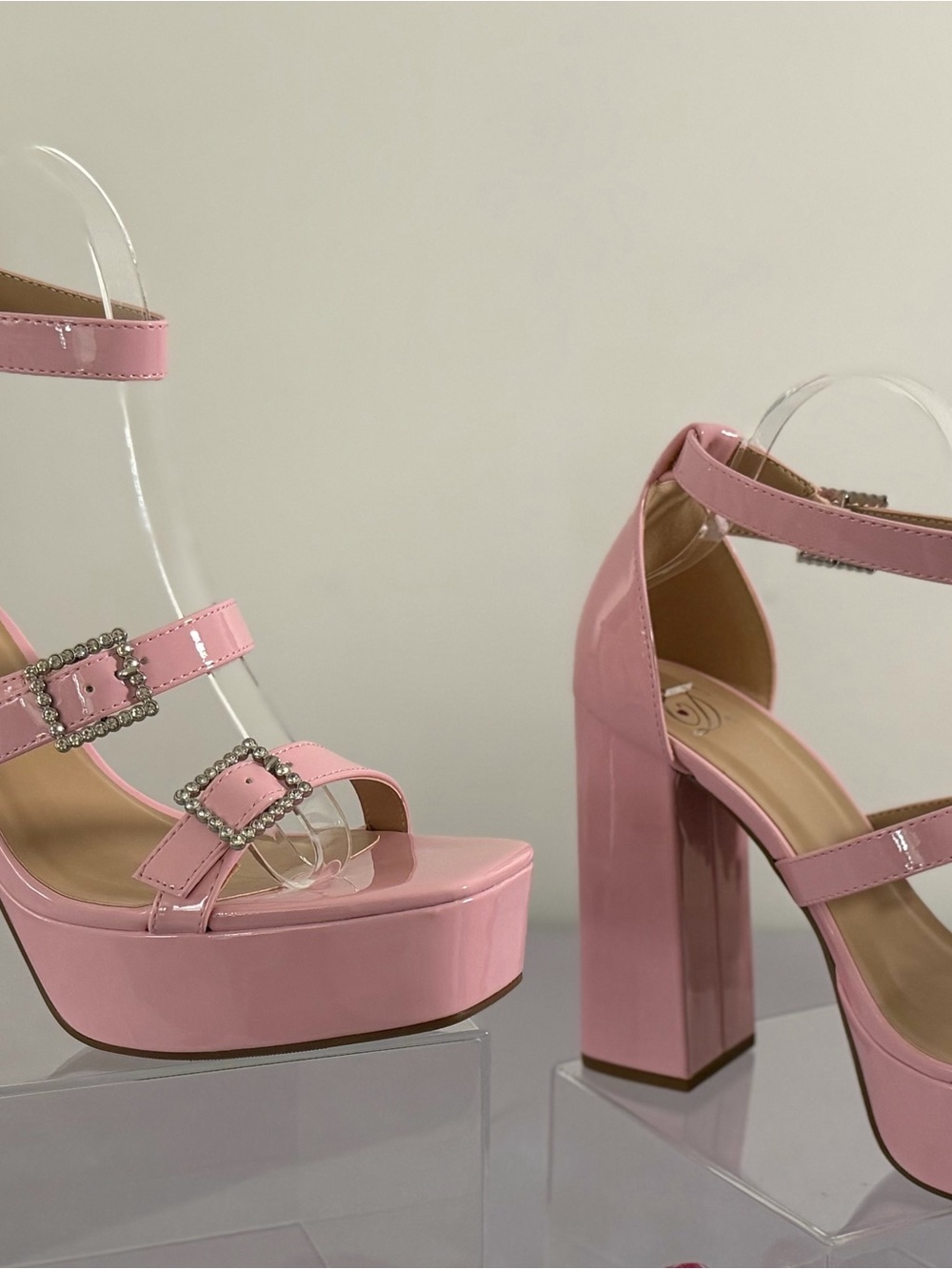 Delicious Pink Patent Platform Block Heel Sandals with Rhinestone Buckles